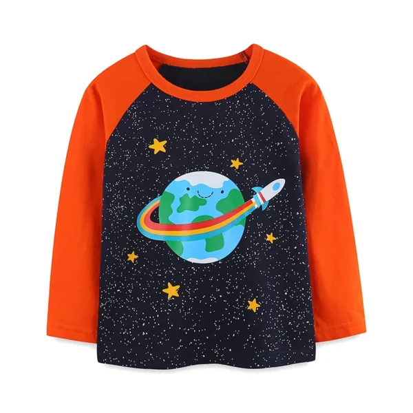 Tops Kids Clothes Children's Clothing 2025 Autumn Spring Baby Boys Embroidered Cartoon Space  Earth T-shirts Cotton - Image 2