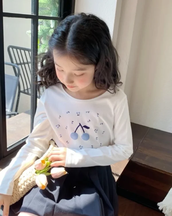baby girl clothes kids t-shirt 100% cotton soft Blue Cherry Pattern Printed T-shirt - Image 4