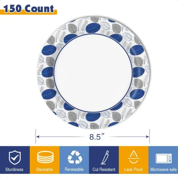 Paper Plates 8.5 Inch Bulk 150 Count Heavy Duty Medium Disposable Dessert Plates Microwave Safe Soak Proof Cut Resistant for Pa - Image 2