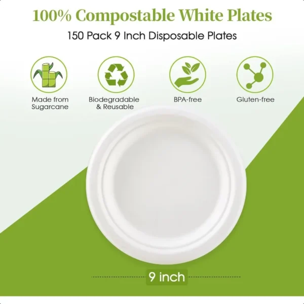 9 inch 150 Pack Compostable Paper Plates Heavy Duty Disposable Biodegradable Ecofriendly Sugarcane Bagasse Plates for Party Din - Image 3