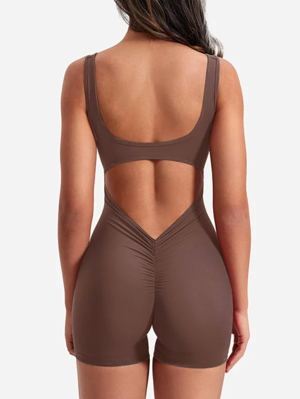 Women Workout Romper Open Back Yoga Jumpsuit Slim Fit Spring 2024 Casual Style Coffee XL - Image 5