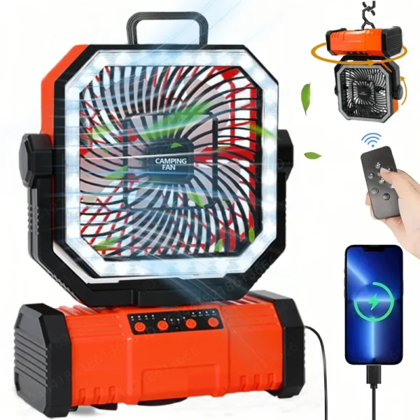 20000mAh Portable Camping FanRechargeable Battery Operated Oscillating Camp Tent Fan With Bluetooth Speaker 4 Speeds LED lights - Image 7
