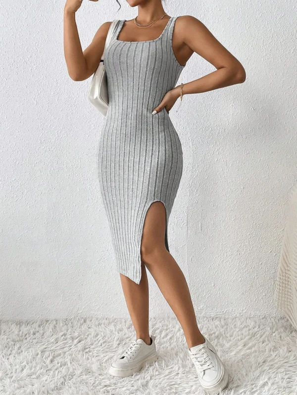 Women Dress Elegant Pit Stripe Halter Robe Solid Color Slit Casual Elegance Spring 2024 Grey XXL - Image 6
