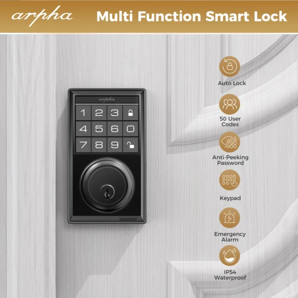 Arpha Smart Lock D100 Smart Keyless Door Lock Electronic Lock with 100 Codes Keypad Deadbolt Door Lock 16 Anti-Peeping Passwords - Image 2