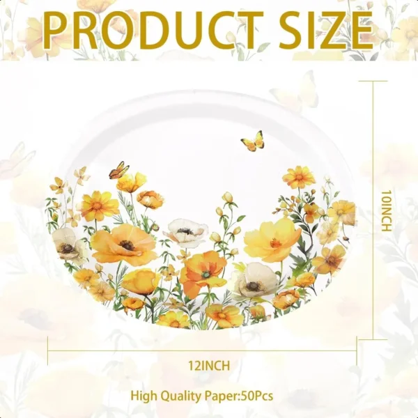 50Pcs Spring Floral Oval Paper Plates 10" x 12" Large Disposable Heavy Duty Watercolor Calliopsis Flower Platters Yellow Flower - Image 2