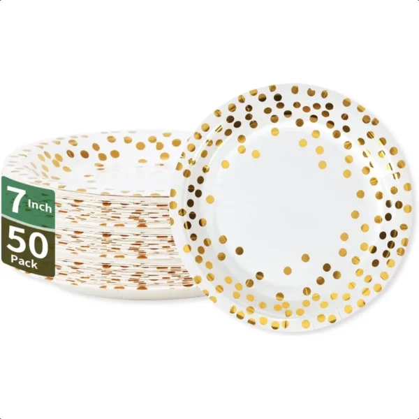 Gold Dots Party Paper Plates 50 PCS Disposable Party Supplies Dessert Paper Plates for Birthday Wedding Birdal Christmas Baby S