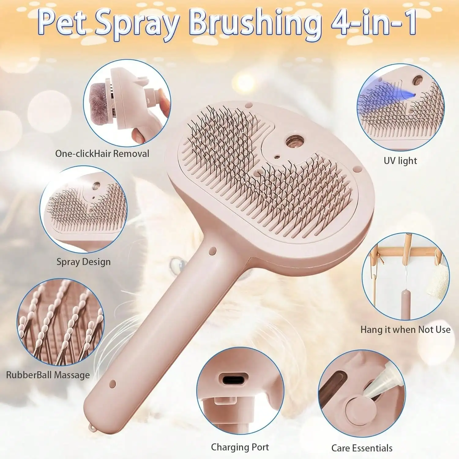 3 In 1 Self Cleaning Steamy Pet Brush - Anti-Static, Grooming Tool For Long And Short Hair Pets, Removes Loose Hair And Reduces