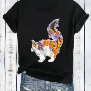 Casual Style, Short Sleeve, Floral Cat Print Cute Round Neck T-Shirt, Sports Top For Women