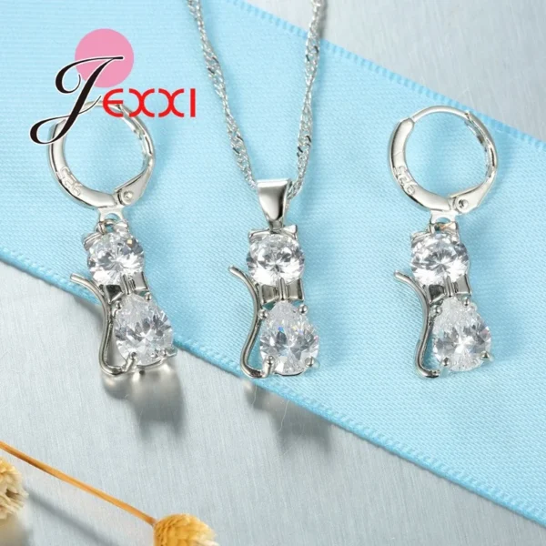 Jewellery Sets Accessories Genuine 925 Sterling Silver Cubic Zirconia Cat Kitty Necklace Pendant+Leverback Earrings Hot - Image 3