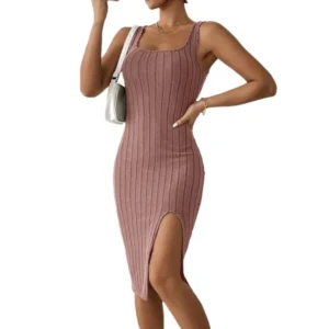 Women Dress Elegant Pit Stripe Halter Robe Solid Color Slit Casual Elegance Spring 2024 Peach