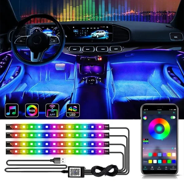RGB Automotive Atmosphere Decorative Lamp Led Interior Light Strip Car Foot Ambient Lights with USB Cigarette with Remote Voice - Image 2