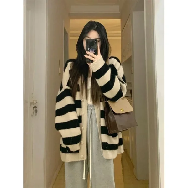 Sweater Female 2023 Spring Wear Korean Loose Slouchy Sweater Striped Knitted Cardigan Coat Women Spring and Autumn Sweater Top - Image 5