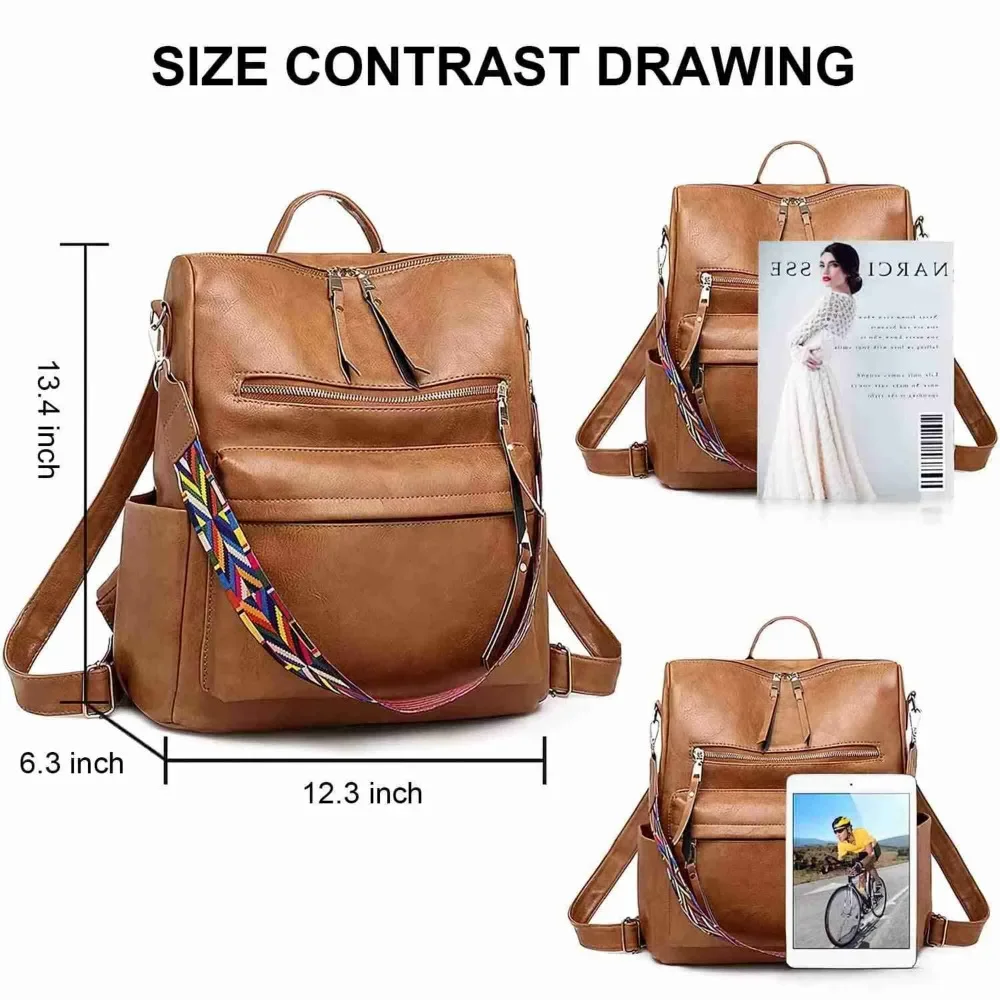 Brown Ladies Fashion Leather Backpack Anti-theft School Backpack Bags for Women - Image 5