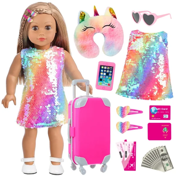 18Inch Doll Clothes Colorful Dress Lovely Travel Suitcase American Girl Doll Summer Outfit Hoodie Baby Toys Wear Girl's Gifts - Image 6