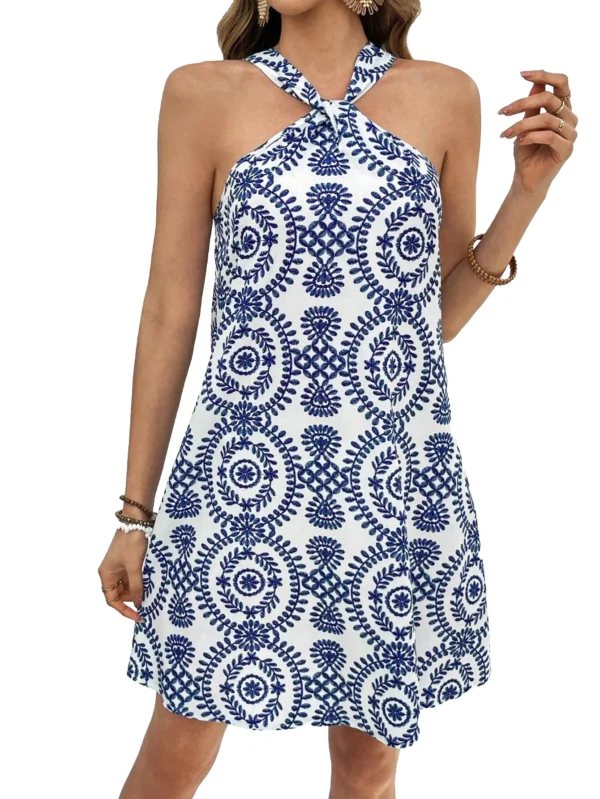 Women Dress Floral Print Halter Neck Robe Fresh Off-Shoulder Midi Dress for Spring Light Blue M - Image 6