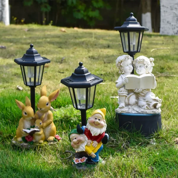 Solar Powered Hexagonal Decorative Lamp Resin Hexagonal Night Light Animal/Child/Gnome Cute Sculpture Lamp Courtyard Decoration - Image 2