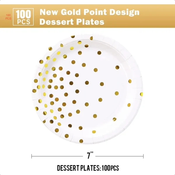 White and Gold Paper Plates 100PCS7inch Gold Dots Dessert Plates Disposable Party Supplies for Birthday Wedding Bridal Showers - Image 2