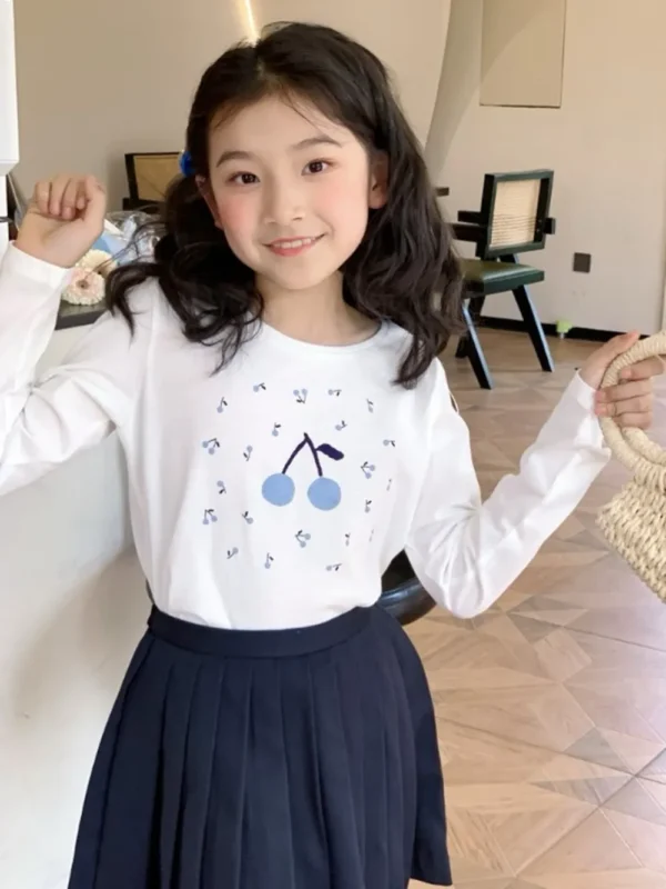 baby girl clothes kids t-shirt 100% cotton soft Blue Cherry Pattern Printed T-shirt - Image 2