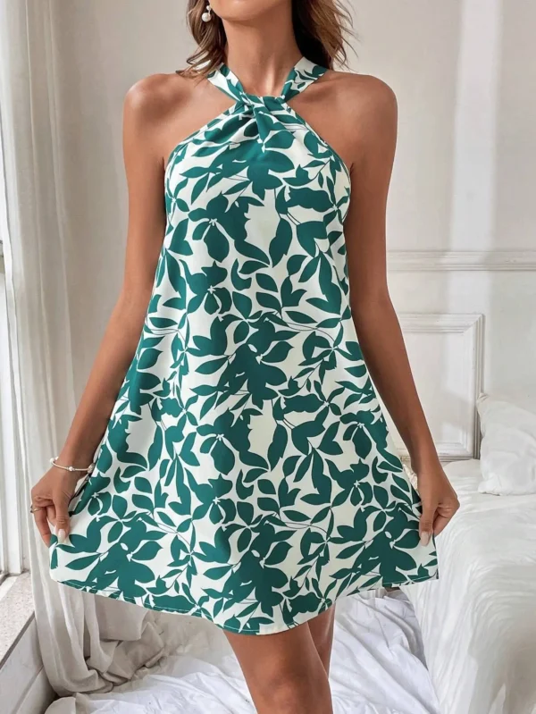 Women Dress Floral Print Halter Neck Robe Fresh Off-Shoulder Midi Dress for Spring Green XXL - Image 2