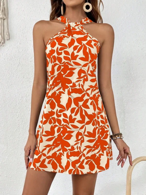 Women Dress Floral Print Halter Neck Robe Fresh Off-Shoulder Midi Dress for Spring Orange L - Image 5