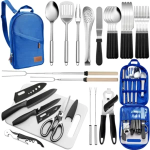 Portable Camping Kitchen Utensil Set-27 Piece Cookware Kit, Stainless Steel Outdoor Cooking and Grilling Utensil Organizer