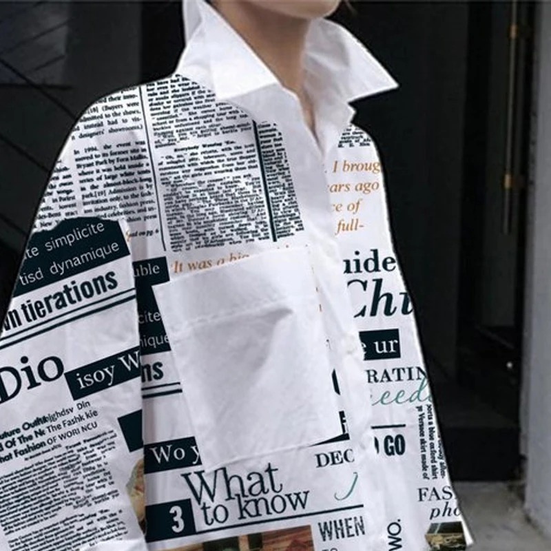 Cotton-Blended Newspaper Printed Shirt Top for Women Lapel Collar Long Sleeve Loose Fit T-shirt Streetwear Female Blouse - Image 3