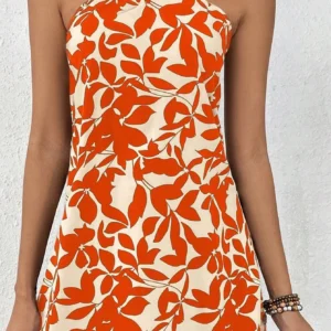 Women Dress Floral Print Halter Neck Robe Fresh Off-Shoulder Midi Dress for Spring Orange L