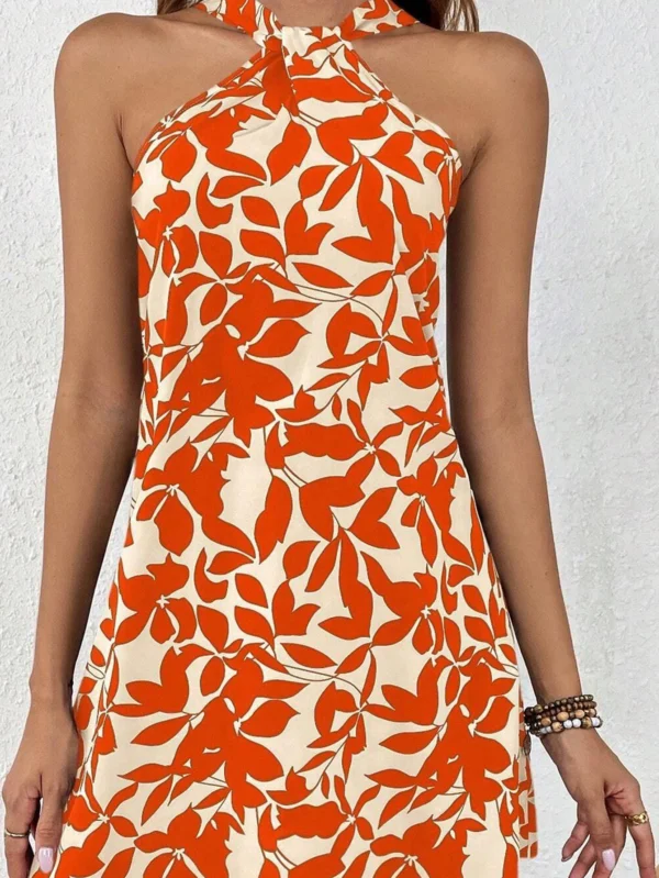 Women Dress Floral Print Halter Neck Robe Fresh Off-Shoulder Midi Dress for Spring Orange L