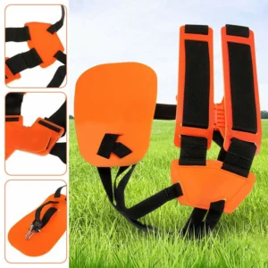 Adjustable Comfort Shoulder Strap for Lawn Mowers and Weed Eaters - Durable Harness with Orange Padding, Black Straps & Buckles