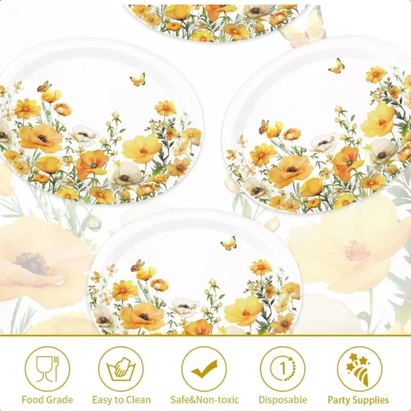 50Pcs Spring Floral Oval Paper Plates 10" x 12" Large Disposable Heavy Duty Watercolor Calliopsis Flower Platters Yellow Flower - Image 4