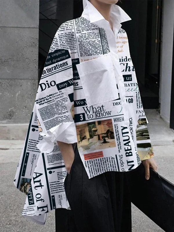 Cotton-Blended Newspaper Printed Shirt Top for Women Lapel Collar Long Sleeve Loose Fit T-shirt Streetwear Female Blouse - Image 7
