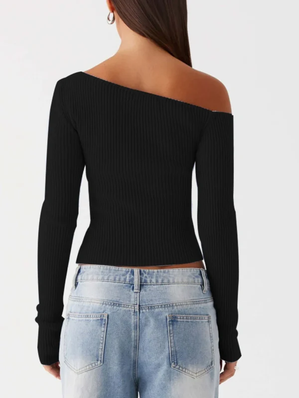 Women s Ribbed Knit Sweater Off-Shoulder Long Sleeve Pullover with Button Detail Solid Color Autumn Top for Women - Image 3