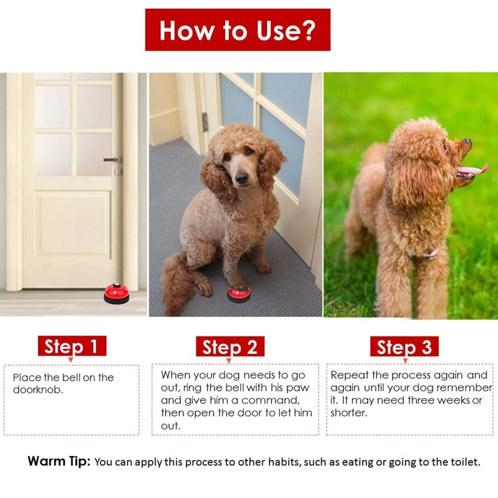 Dog Doorbells, 1 Pcs Metal Bell Dog Training with Non Skid Rubber Bottoms Dog Door Bell for Potty Training Clear Ring Pet Tool - Image 5