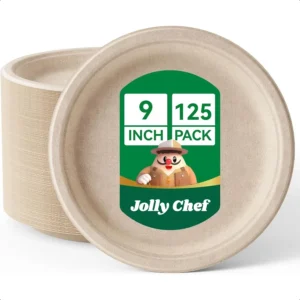 Compostable Heavy Duty Plates 9 Inch [125 Pack] EcoFriendly Disposable Natural Paper Plates Bagasse Biodegradable Bulk for Part