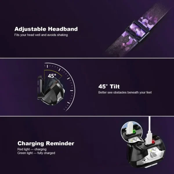 2 Pack Rechargeable Headlamp, Outdoor Waterproof Motion Sensor LED Headlamp for Camping Running Hiking Fishing - Image 3