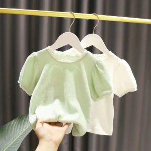 Baby Girl T-Shirts Plaid Bottoming Shirt Girl Baby Summer Korean New Girl Lace Short-sleeved T-shirt Children's Clothing