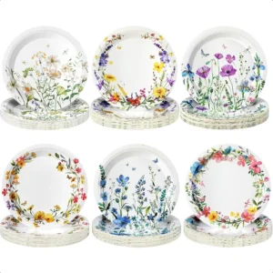 96 Pcs Spring Wildflower Paper Plates Disposable 7 Inch Floral Dinner Plates for Spring Summer Tea Party Birthday Party Decorat