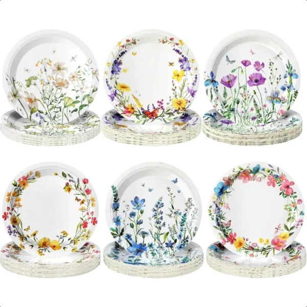 96 Pcs Spring Wildflower Paper Plates Disposable 7 Inch Floral Dinner Plates for Spring Summer Tea Party Birthday Party Decorat