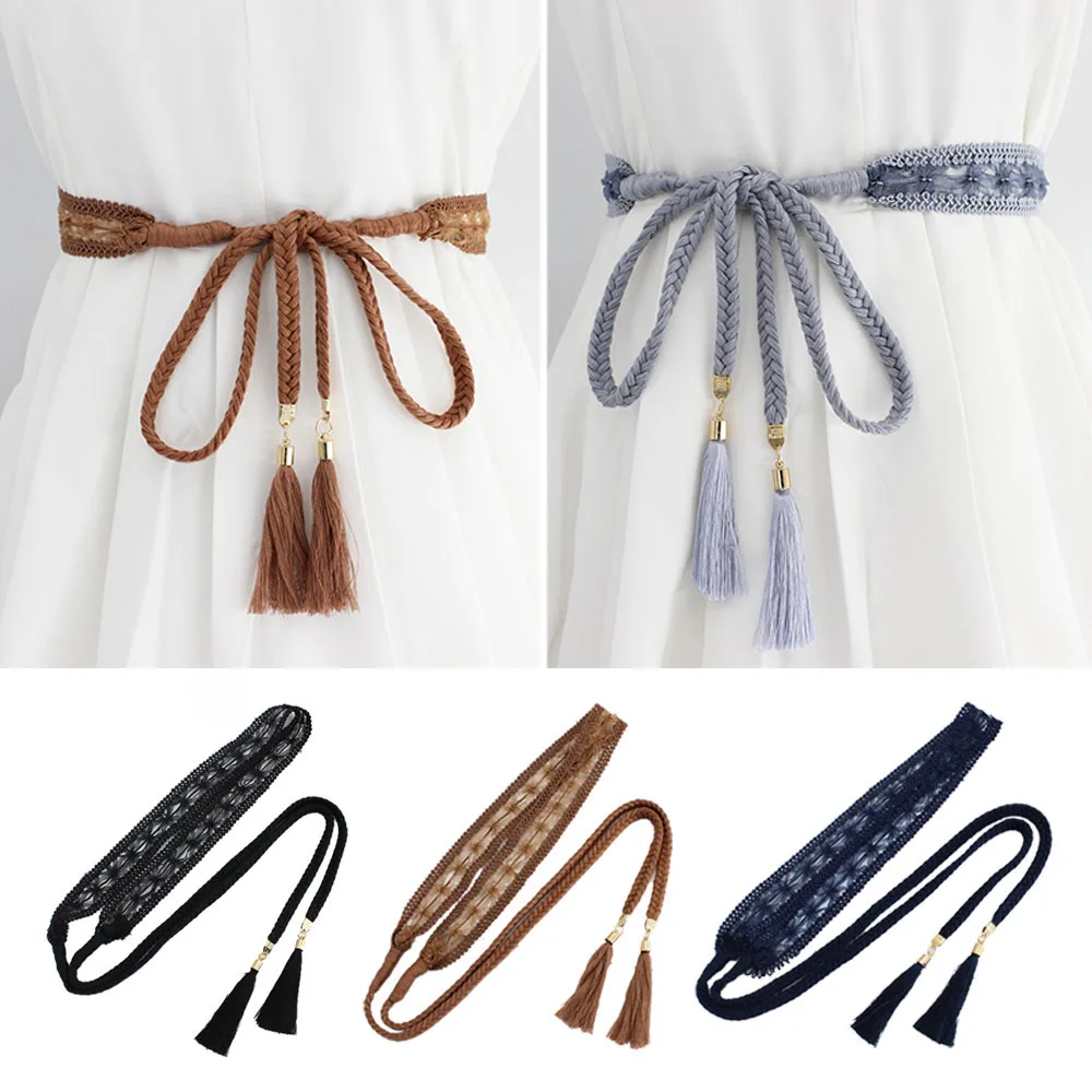 Women Waist Belt Rope Braided Waistband Woven Tassel Thin Belt Female Knot Decorated Waistband Hot Casual Solid Black Belts - Image 6