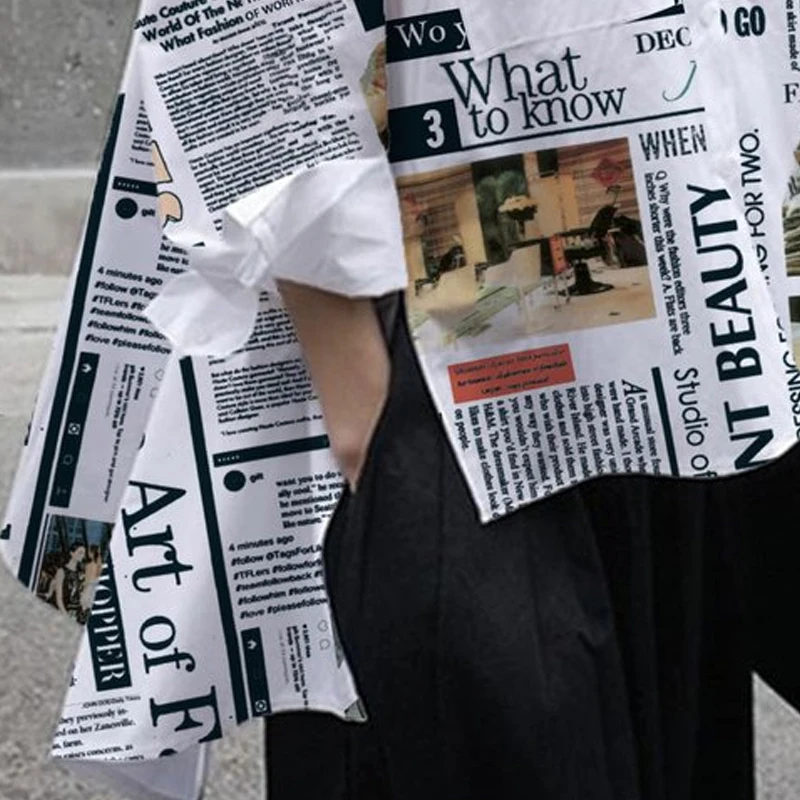 Cotton-Blended Newspaper Printed Shirt Top for Women Lapel Collar Long Sleeve Loose Fit T-shirt Streetwear Female Blouse - Image 4