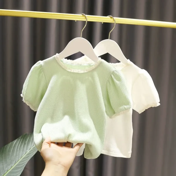 Baby Girl T-Shirts Plaid Bottoming Shirt Girl Baby Summer Korean New Girl Lace Short-sleeved T-shirt Children's Clothing - Image 2