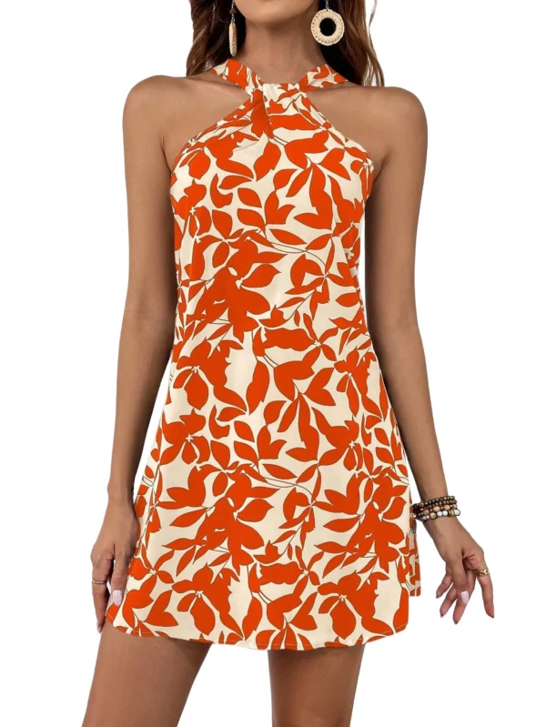 Women Dress Floral Print Halter Neck Robe Fresh Off-Shoulder Midi Dress for Spring Orange L - Image 6
