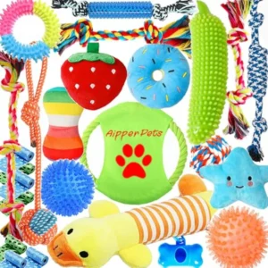 Dog Toys 25 Pack for Fun and Teeth Cleaning Puppy Chew Toys Pack with Squeak Plush Toy Squeaky Toy Balls Tug of War and Rope To