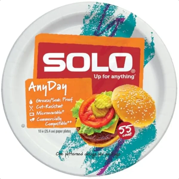SOLO 10" Large Paper Plates Jazz 90s Nostalgic Print Pack of 55ct Paper Plates