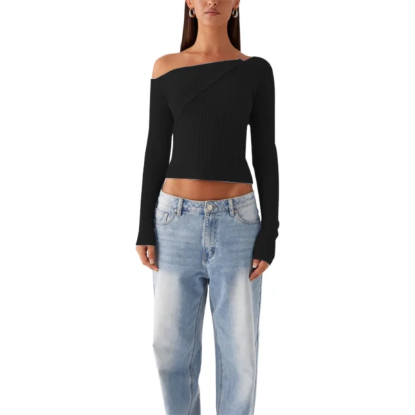 Women s Ribbed Knit Sweater Off-Shoulder Long Sleeve Pullover with Button Detail Solid Color Autumn Top for Women - Image 7