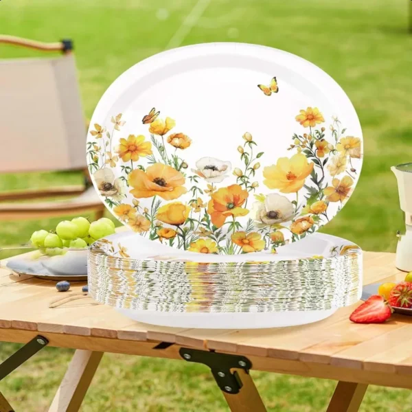 50Pcs Spring Floral Oval Paper Plates 10" x 12" Large Disposable Heavy Duty Watercolor Calliopsis Flower Platters Yellow Flower - Image 3