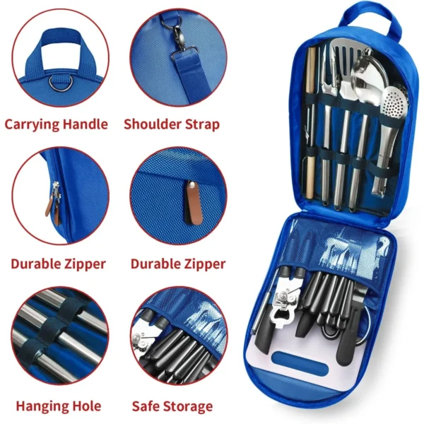 Portable Camping Kitchen Utensil Set-27 Piece Cookware Kit, Stainless Steel Outdoor Cooking and Grilling Utensil Organizer - Image 2