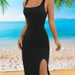 Women Dress Elegant Pit Stripe Halter Robe Solid Color Slit Casual Elegance Spring 2024 Black M