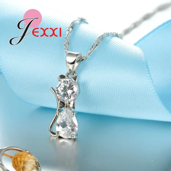 Jewellery Sets Accessories Genuine 925 Sterling Silver Cubic Zirconia Cat Kitty Necklace Pendant+Leverback Earrings Hot - Image 5