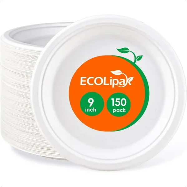 9 inch 150 Pack Compostable Paper Plates Heavy Duty Disposable Biodegradable Ecofriendly Sugarcane Bagasse Plates for Party Din